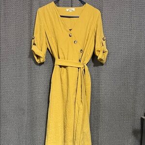 💛Wrap-Front Midi Dress with Self-Tie Belt in Mustard